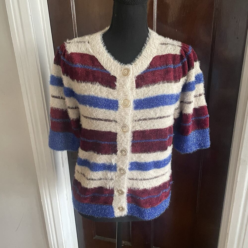 Maeve Anthropologie Short Sleeve Cardigan Sweater Womens LARGE Red Blue Sparkle - Picture 8 of 11